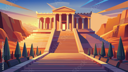 Classic ancient temple architecture with grand staircase and cypress trees architecture staircase monument historic classical building landscape civilization mythology landmark antiquity