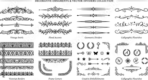 Decorative dividers, elegant line art, ornamental borders, vintage separators, floral accents, whimsical designs, creative embellishments, graphic elements, black vector patterns, design resources