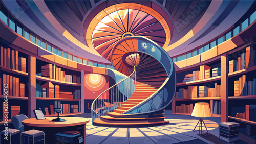 Quadro em tela Grand library interior with a circular wooden spiral staircase surrounded by flo