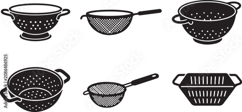 Quadro su tela Six black and white kitchen strainers and colanders set illustration Vector