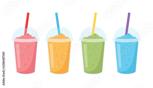 Bild auf Leinwand Four plastic cups filled with colorful fruit smoothies in pink, orange, green, and blue colors with matching straws