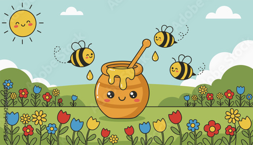 Obraz na plátně Cute cartoon honey pot surrounded by buzzing honeybees in a vibrant green meadow with colorful flowers and bright sun