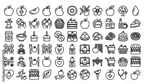 Fotografie Apple orchard farm market icon set linear style vector illustration