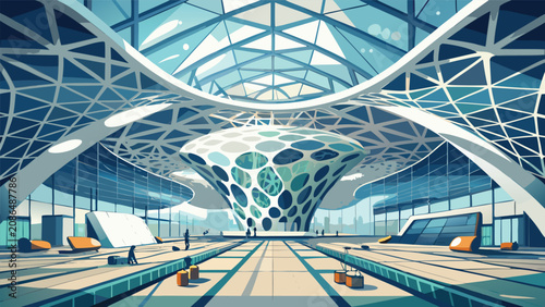 Fotografie Futuristic glass airport terminal interior architectural concept with high tech