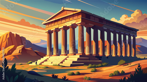 Konstfotografi Majestic ancient greek temple landscape under warm sunset sky with golden hour a