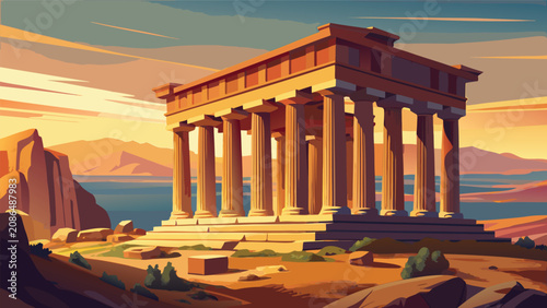 Tableau sur toile Ancient greek marble temple ruins at golden hour sunset with architecture classi