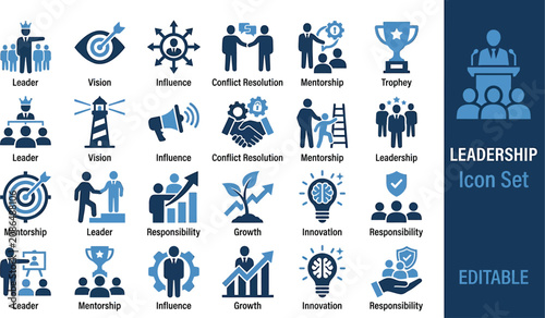 Leadership icon set displays various symbols representing corporate management, teamwork, strategic growth, and professional development.