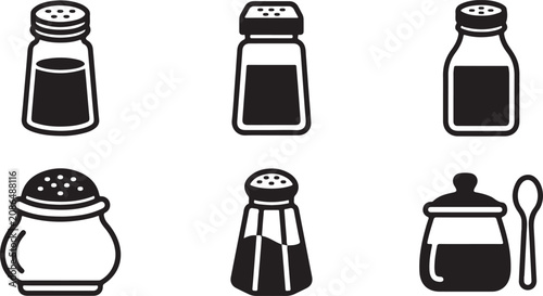 Photos Black and white spice and condiment shakers set with spoon Vector