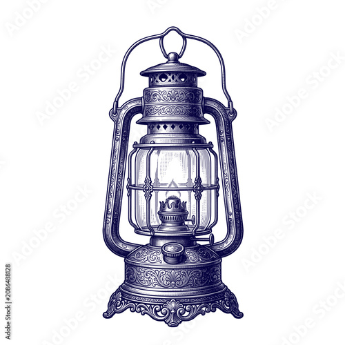 Tableau sur toile Antique kerosene lantern with glass chamber and metal handle, hand drawn engravi