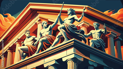 Fotografie Ancient greek deities standing atop majestic temple pediment architecture with m