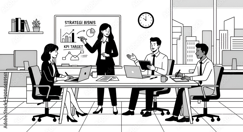 Fototapeta premium Business presentation and team meeting in office vector illustration