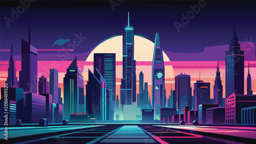 Sunset urban skyline and modern cityscape with buildings metropolis architecture futuristic background technology downtown landscape business district colorful illustration development
