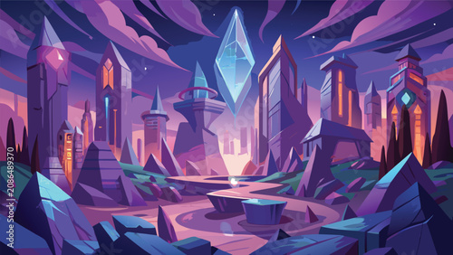 Bild auf Leinwand Enchanted fantasy world with hovering magical crystal and luminescent floating l