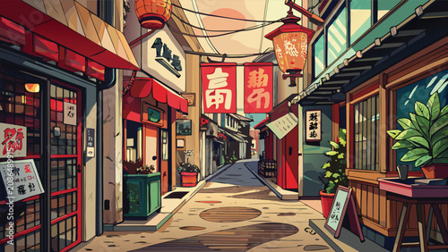 Traditional japanese street alley with lanterns and storefronts in anime style traditional lanterns architecture buildings storefront illustration neighborhood destination historical