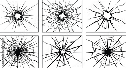 Tableau sur toile Broken glass texture vector set, shattered window bullet hole effects, 6 cracked