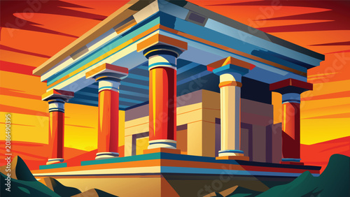 Bild auf Leinwand Ornate ancient temple structure with red columns at sunset architecture building