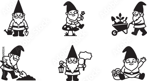 Cuadro en lienzo Cartoon gnome characters performing gardening and cheerful activities Vector