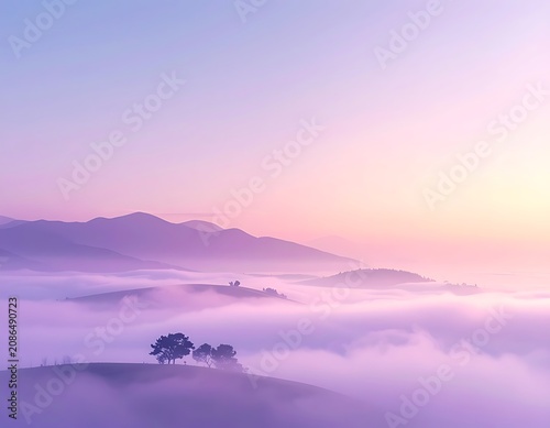 Serene foggy landscape with trees mountains.