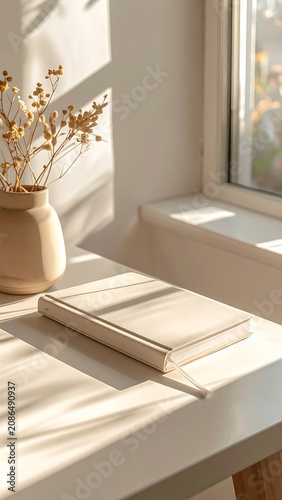 Serene morning desk with book vase.
