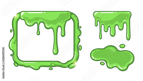 Photography Green gooey liquid drips and splatters on a surface in various shapes