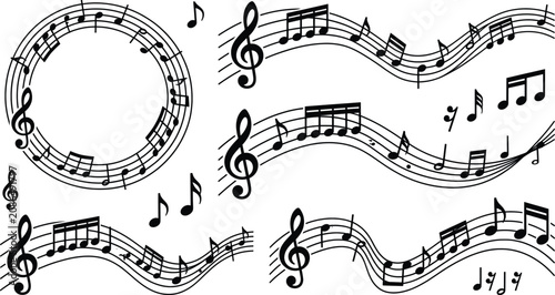 Quadro su tela Musical notes on wavy staff lines, black music notation elements on white backgr