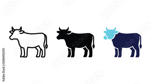 Set of cow icons in outline solid and colored styles for farm design.