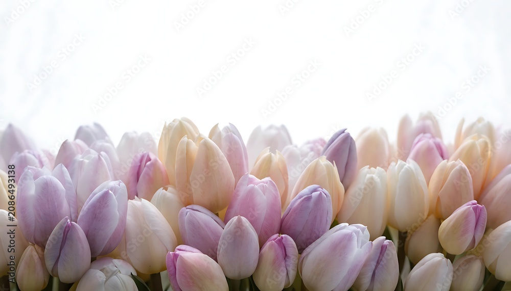 Obraz premium Macro studio photograph of a dense field of delicate pastel tulip buds clustered along the lower edge of the frame, hundreds of velvety blooms creating a soft floral carpet, dreamy powder-like petals