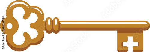 Antique golden key vector illustration with ornate decorative head shape isolated on clean white background for secret access
