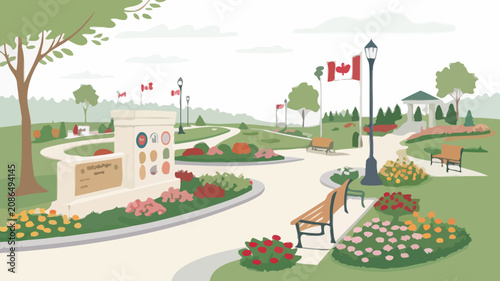 Fotografie Vibrant memorial park panorama featuring floral gardens benches and national fla