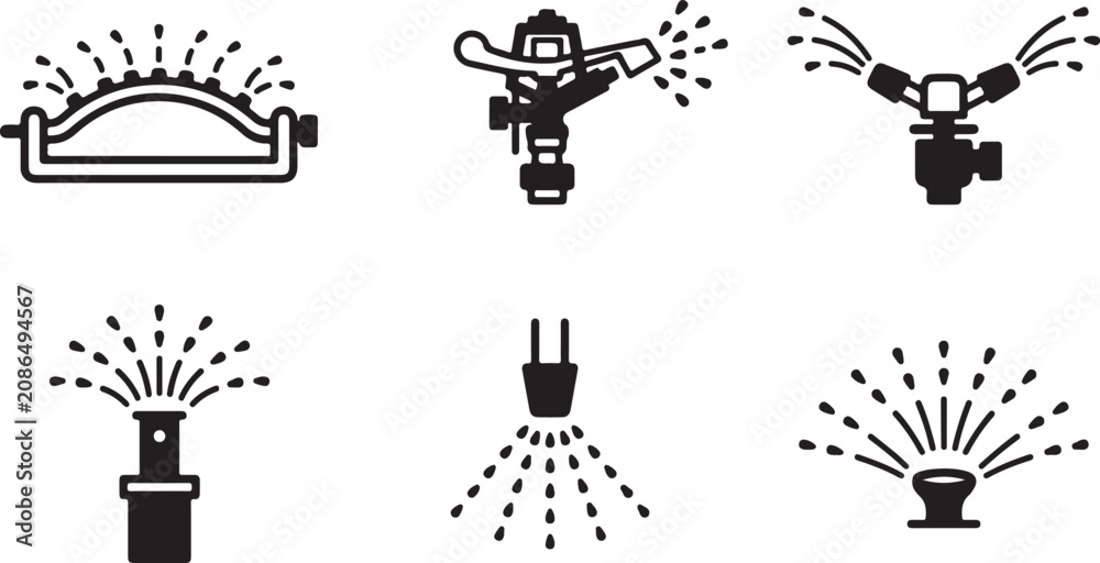 Naklejka premium Six types of sprinkler irrigation system icons in black and white Vector