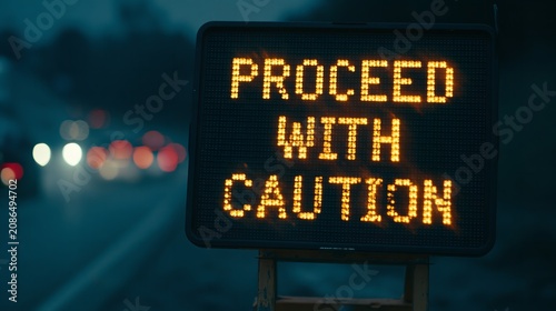 Digital traffic sign displaying 'Proceed With Caution' on a highway at night