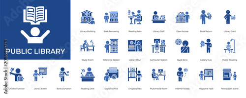 Bild auf Leinwand Public Library Icon set Collection in Glyph Two Color Style