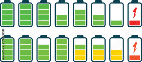Photos Battery charge level status indicator icon set with full empty power energy capa