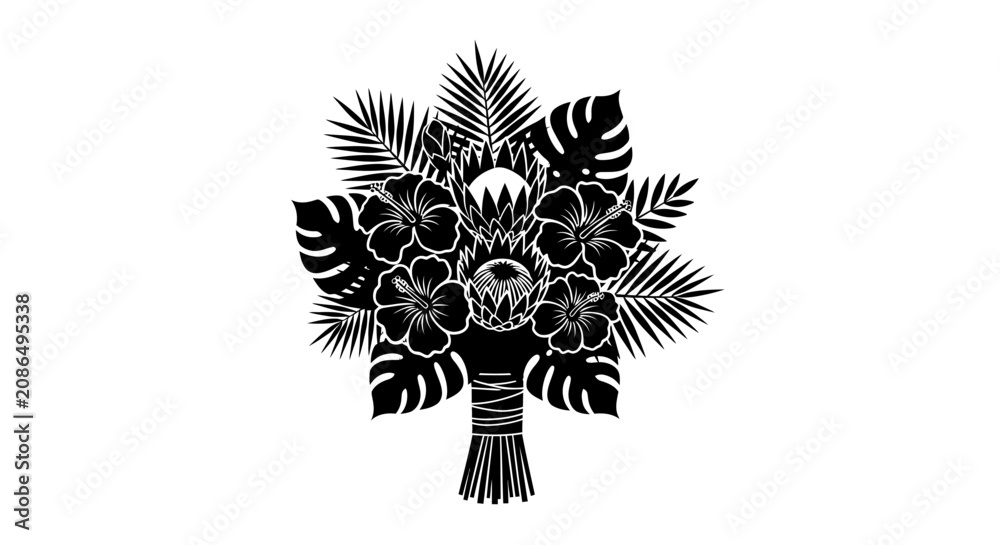 Fototapeta premium Flower bouquet featuring exotic protea blooms and palm fronds serves as a decorative design element.