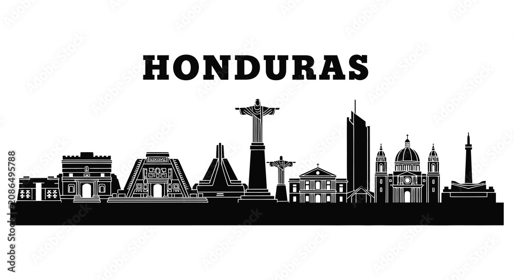 Fototapeta premium Honduras cityscape with monuments and buildings illustrated in black silhouette