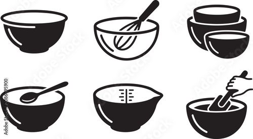 Φωτογραφία Six black and white bowls with cooking utensils illustration set Vector