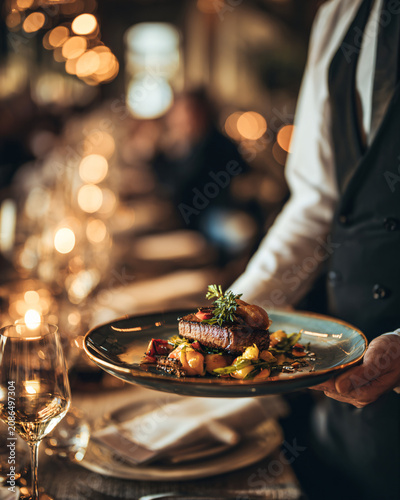 Professional waiter elegantly serving a gourmet main course to guests in a luxury restaurant, beautifully plated food, sophisticated dining room, warm golden lighting