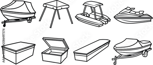 Obraz na plátne Boat accessories and marine storage box icons set with watercraft covers and tra
