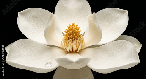 Single White Magnolia Bloom Extreme Close Up on Black Background with Dew Drop