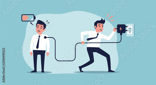 Foto Tired man with low battery indicator and energetic man plugging in charger symbolizing burnout and recharging for work efficiency