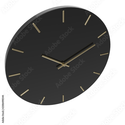 Modern black wall clock with polished gold hands background photo realistic 3d rendering PNG 16 bit with alpha channel