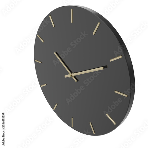 Modern black wall clock with polished gold hands background photo realistic 3d rendering PNG 16 bit with alpha channel