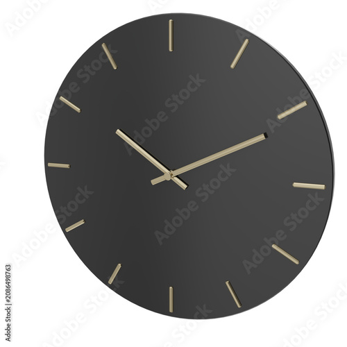 Modern black wall clock with polished gold hands background photo realistic 3d rendering PNG 16 bit with alpha channel