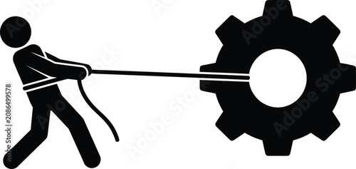 Silhouette of a person pulling a large mechanical gear icon