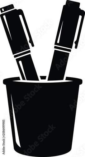 Simple black silhouette illustration of pens inside a pen holder