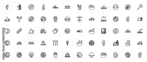 Food_1940 icon set. Retro food icons. Minimalist line art pack. Featuring cone, pineapple, samosa, champagne, Japanese food, donut, burger, cocktail, pizza and more. Editable vector stroke.