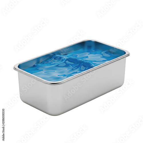 A Rectangular Stainless Steel Food Pan Filled With Clear Blue Liquid Water