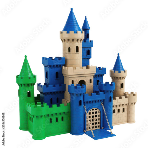A colorful plastic toy castle with blue, green, and beige stone walls