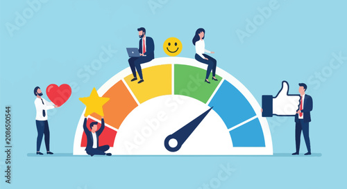Foto Business people interacting with customer satisfaction gauge chart concept to show feedback performance level ranking with heart star and thumbs up rating icons