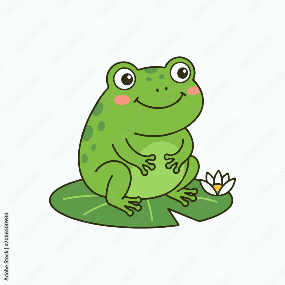 Fototapeta premium Cute green frog sitting on lily pad with flower on gray background